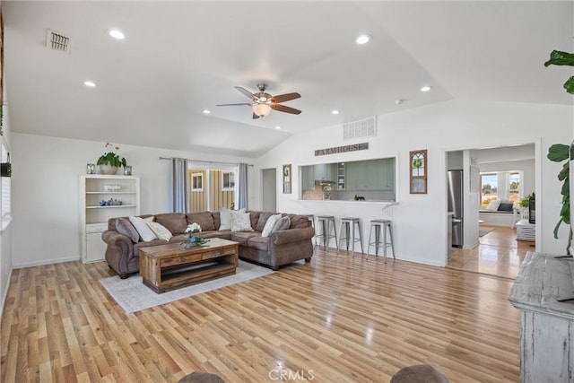 4187 County Road M, Orland, CA 95963 - living area with lofted ceiling, a ceiling fan, light wood-style floors, and recessed lighting