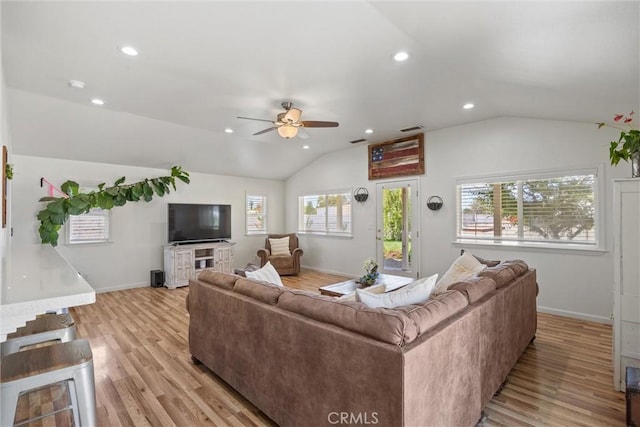 4187 County Road M, Orland, CA 95963 - living room featuring ceiling fan, lofted ceiling, light wood-style flooring, and recessed lighting