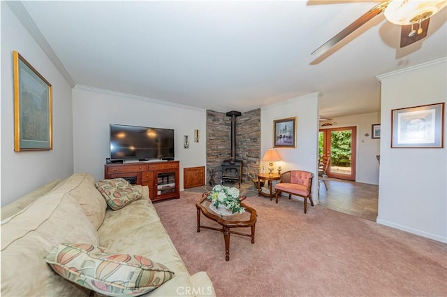53235 Finegold Creek Ct, North Fork, CA 93643 - carpeted living area with a wood stove, ornamental molding, and ceiling fan