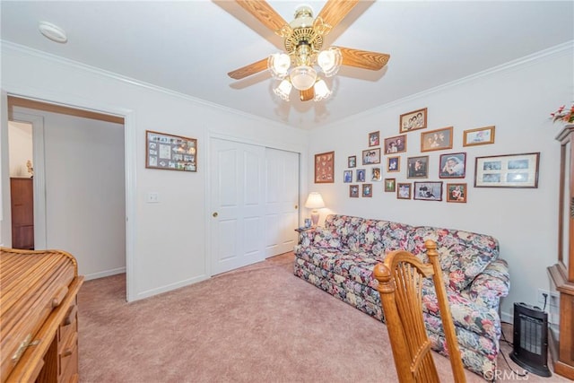 53235 Finegold Creek Ct, North Fork, CA 93643 - living area featuring light colored carpet, a ceiling fan, and crown molding