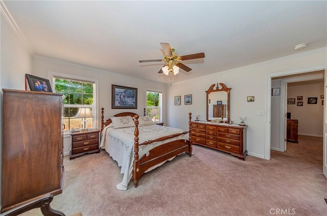 53235 Finegold Creek Ct, North Fork, CA 93643 - bedroom featuring crown molding, light carpet, and ceiling fan