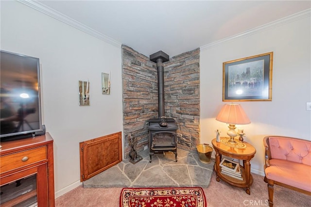 53235 Finegold Creek Ct, North Fork, CA 93643 - living room featuring carpet flooring, a wood stove, and ornamental molding
