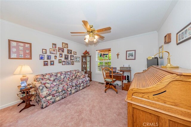 53235 Finegold Creek Ct, North Fork, CA 93643 - office space featuring ornamental molding, light colored carpet, and a ceiling fan