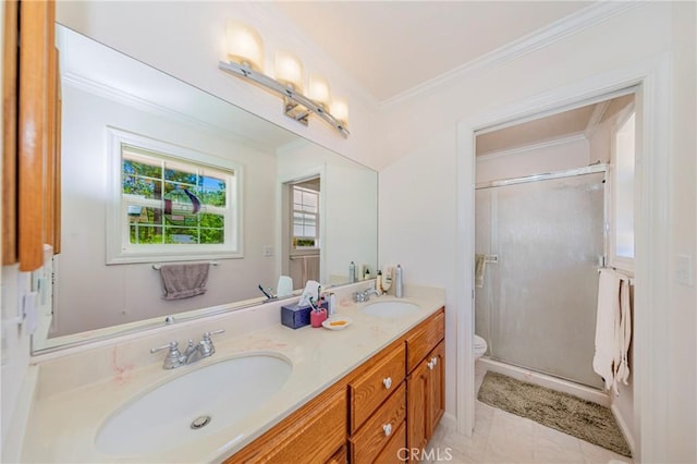 53235 Finegold Creek Ct, North Fork, CA 93643 - bathroom featuring ornamental molding, double vanity, and a shower stall
