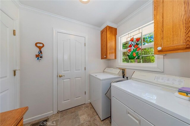 53235 Finegold Creek Ct, North Fork, CA 93643 - washroom with independent washer and dryer, cabinet space, crown molding, and stone finish floors