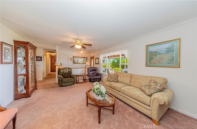 53235 Finegold Creek Ct, North Fork, CA 93643 - carpeted living room featuring crown molding, decorative columns, and ceiling fan
