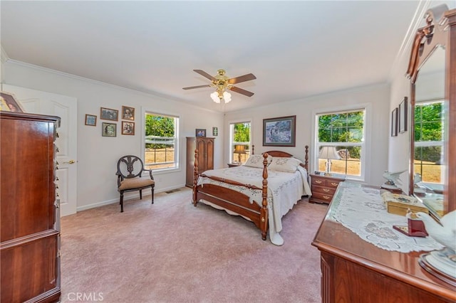 53235 Finegold Creek Ct, North Fork, CA 93643 - bedroom with multiple windows, light colored carpet, crown molding, and a ceiling fan