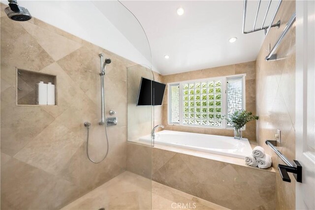 417 Vista Suerte, Newport Beach, CA 92660 - bathroom with a garden tub, tiled shower, vaulted ceiling, and recessed lighting
