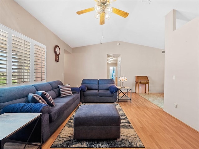 21756 Tussing Ranch Rd, Apple Valley, CA 92308 - living area featuring a ceiling fan, light wood finished floors, and lofted ceiling