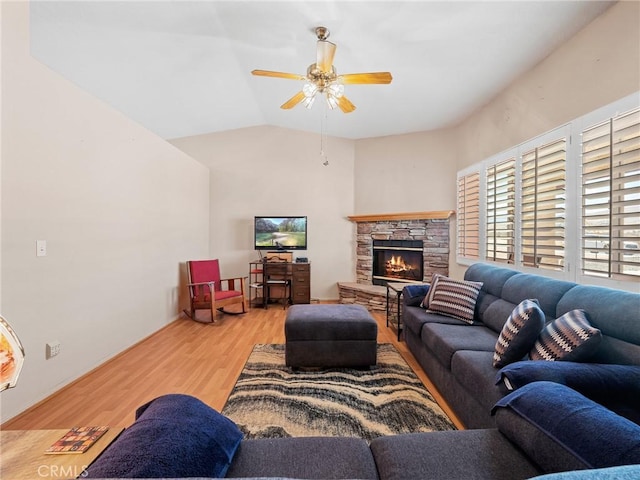 21756 Tussing Ranch Rd, Apple Valley, CA 92308 - living area with a ceiling fan, wood finished floors, a fireplace, and vaulted ceiling
