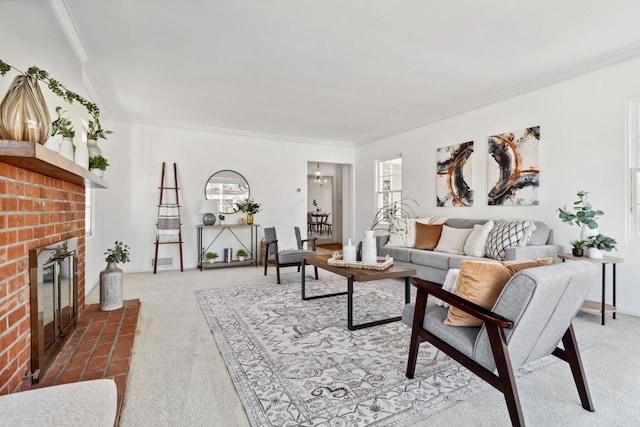 5038 Hastings Rd, San Diego, CA 92116 - living room featuring carpet floors, crown molding, and a fireplace