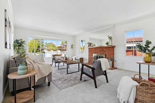 5038 Hastings Rd, San Diego, CA 92116 - carpeted living area featuring ornamental molding and a brick fireplace