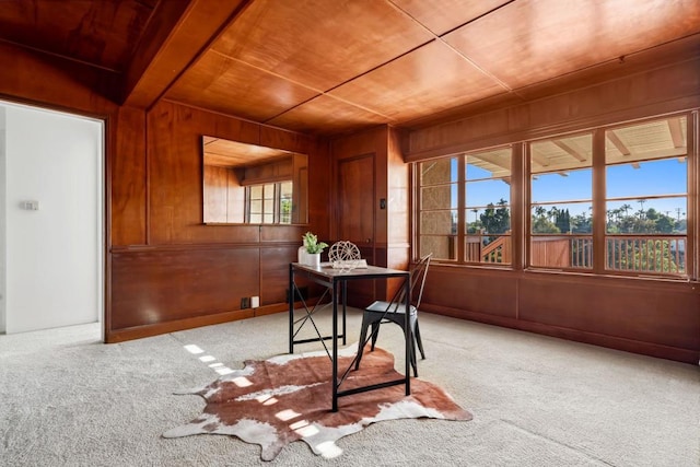 5038 Hastings Rd, San Diego, CA 92116 - office area featuring light colored carpet, wood walls, and wood ceiling
