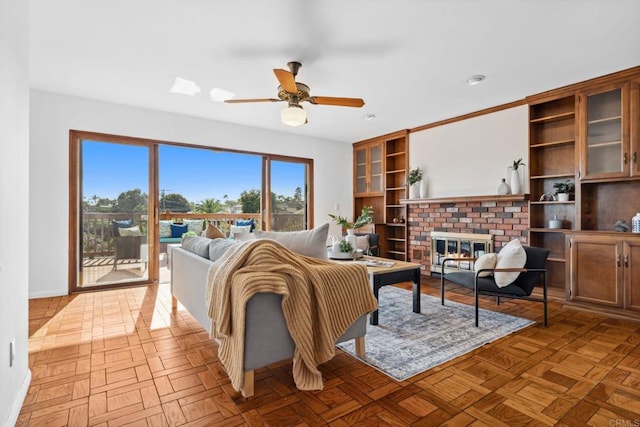 5038 Hastings Rd, San Diego, CA 92116 - living room featuring ceiling fan and a fireplace