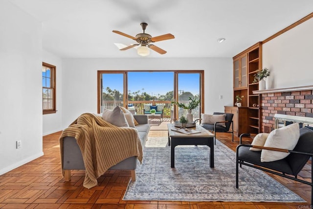 5038 Hastings Rd, San Diego, CA 92116 - living room featuring a ceiling fan and a fireplace