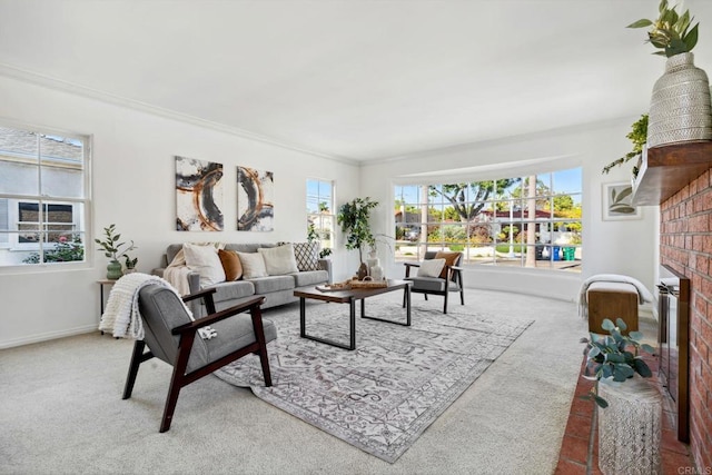 5038 Hastings Rd, San Diego, CA 92116 - carpeted living room featuring plenty of natural light, a fireplace, and crown molding