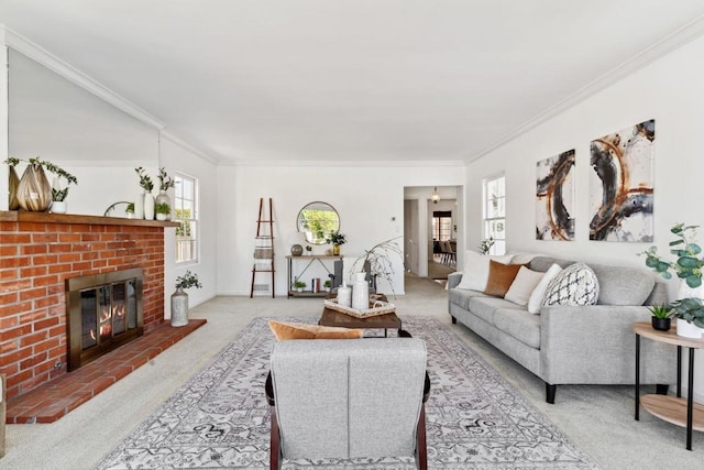 5038 Hastings Rd, San Diego, CA 92116 - living area with carpet, a fireplace, and crown molding