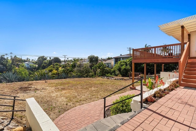 5038 Hastings Rd, San Diego, CA 92116 - view of green lawn with a patio area, stairs, a deck, and a pergola