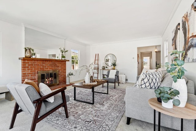 5038 Hastings Rd, San Diego, CA 92116 - living area featuring light carpet, ornamental molding, and a brick fireplace