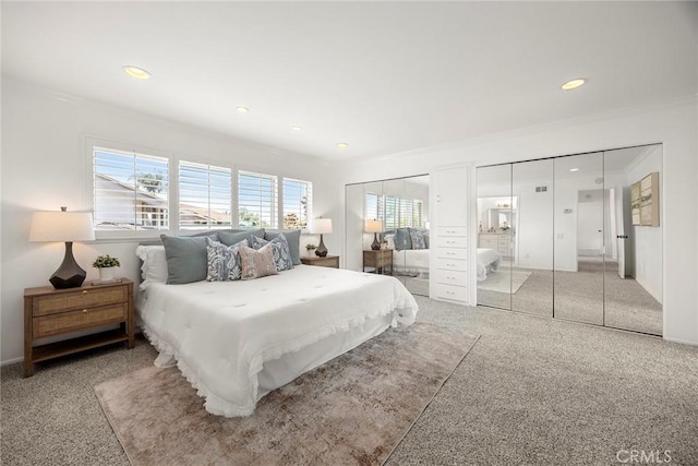 430 Kiolstad Dr, Placentia, CA 92870 - carpeted bedroom featuring ornamental molding, multiple windows, recessed lighting, two closets, and ensuite bathroom