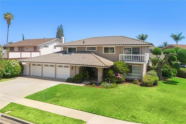 430 Kiolstad Dr, Placentia, CA 92870 - mediterranean / spanish house with stucco siding, an attached garage, a front lawn, driveway, and a tile roof