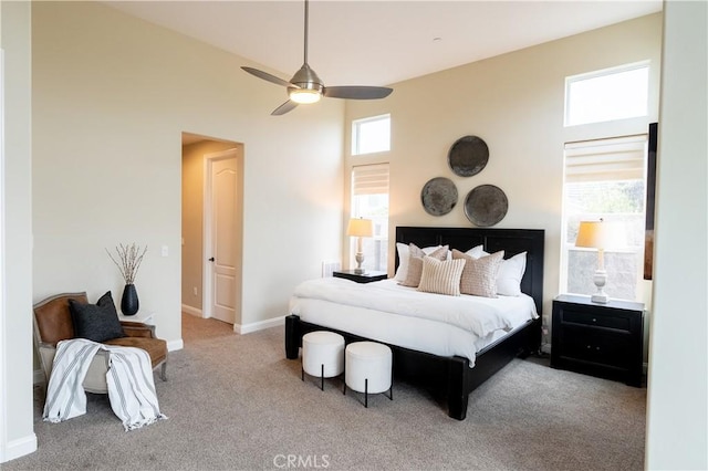 1849 Eucalyptus Rd, Nipomo, CA 93444 - bedroom featuring carpet, a towering ceiling, and a ceiling fan
