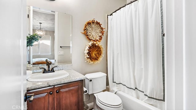 1849 Eucalyptus Rd, Nipomo, CA 93444 - bathroom featuring vanity, shower / tub combo with curtain, and a chandelier