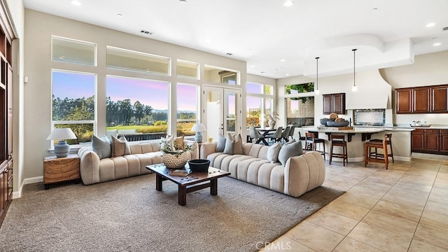 1849 Eucalyptus Rd, Nipomo, CA 93444 - living room featuring recessed lighting, light tile patterned floors, and a towering ceiling