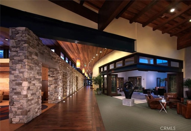 1849 Eucalyptus Rd, Nipomo, CA 93444 - common area with high vaulted ceiling and a wooden ceiling with exposed beams
