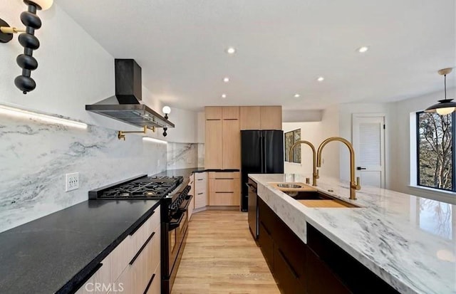 30260 Gremlin Ct, Running Springs, CA 92382 - kitchen featuring black appliances, island range hood, light brown cabinetry, modern cabinets, and backsplash