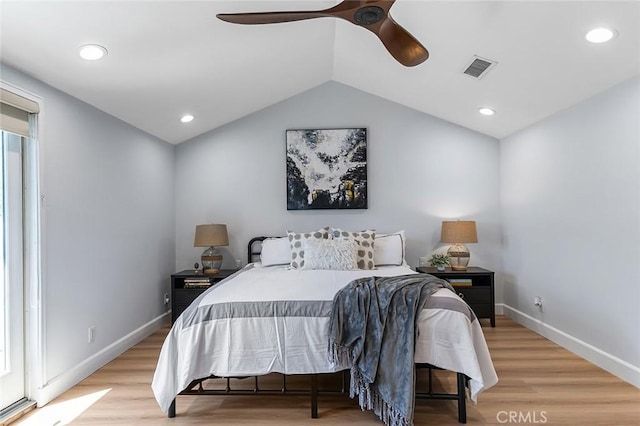 232 7th St, Seal Beach, CA 90740 - bedroom featuring vaulted ceiling, light wood-style floors, a ceiling fan, and recessed lighting