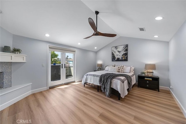 232 7th St, Seal Beach, CA 90740 - bedroom featuring access to outside, light wood-style floors, ceiling fan, recessed lighting, and a tile fireplace