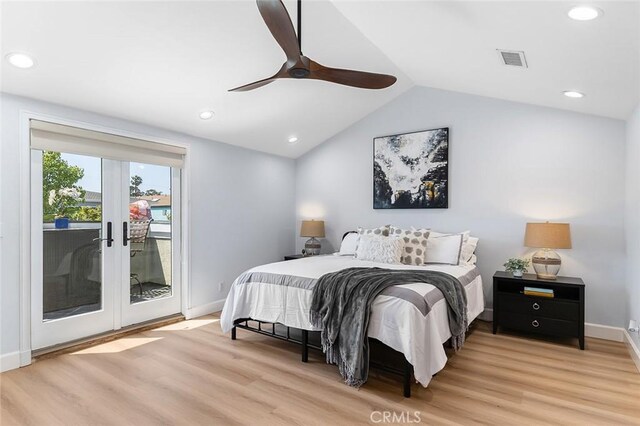 232 7th St, Seal Beach, CA 90740 - bedroom featuring access to exterior, light wood-style floors, lofted ceiling, recessed lighting, and ceiling fan