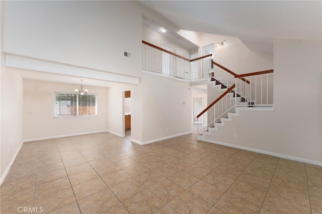 17571 Shamrock Ave, Fontana, CA 92336 - unfurnished living room featuring a chandelier, stairs, tile patterned floors, and high vaulted ceiling