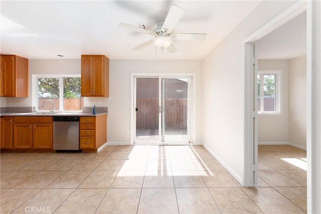 17571 Shamrock Ave, Fontana, CA 92336 - kitchen with dishwasher, plenty of natural light, brown cabinetry, and light tile patterned flooring
