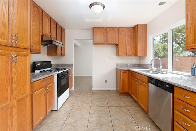 17571 Shamrock Ave, Fontana, CA 92336 - kitchen with range with gas cooktop, dishwasher, under cabinet range hood, brown cabinetry, and light tile patterned floors