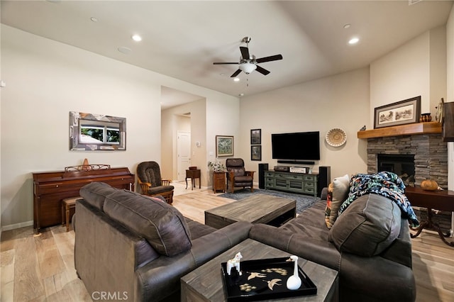 10 Harmony Park Cir, Chico, CA 95973 - living area featuring a ceiling fan, light wood-style floors, a stone fireplace, and recessed lighting