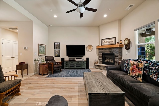 10 Harmony Park Cir, Chico, CA 95973 - living room with ceiling fan, light wood-type flooring, recessed lighting, and a fireplace