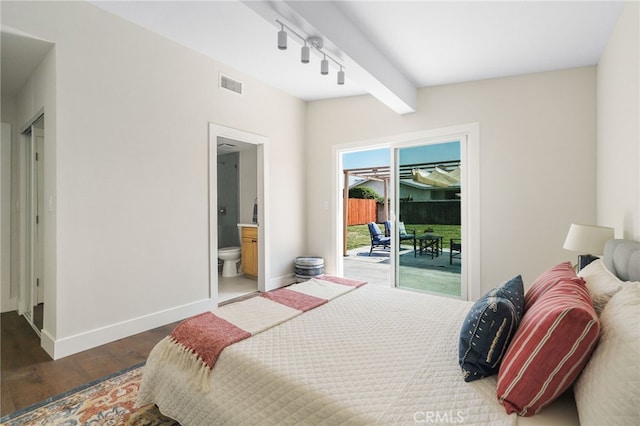 112 W Norwood Pl, San Gabriel, CA 91776 - bedroom with access to exterior, wood finished floors, track lighting, and connected bathroom