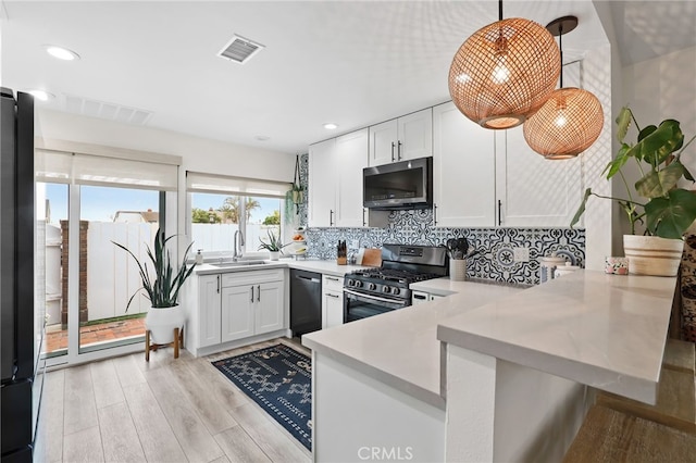 33586 Via Corvalian Unit 23, Dana Point, CA 92629 - kitchen featuring stainless steel appliances, a peninsula, light countertops, tasteful backsplash, and light wood-style floors