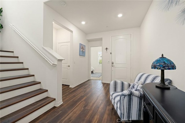 29273 Caravel Dr, Menifee, CA 92585 - foyer entrance with dark wood-style floors, recessed lighting, and stairs