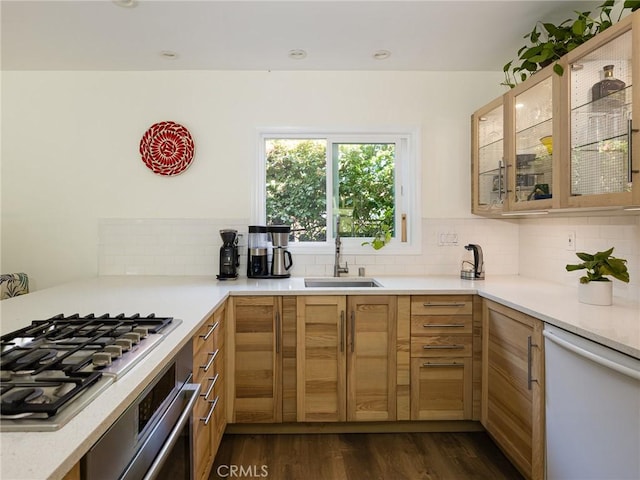 2049 Avenida Aprenda, Rancho Palos Verdes, CA 90275 - kitchen featuring appliances with stainless steel finishes, backsplash, glass insert cabinets, dark wood-type flooring, and recessed lighting