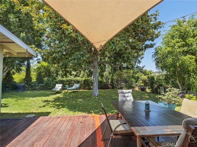 2049 Avenida Aprenda, Rancho Palos Verdes, CA 90275 - wooden deck with a fenced backyard, outdoor dining area, and view of wooded area