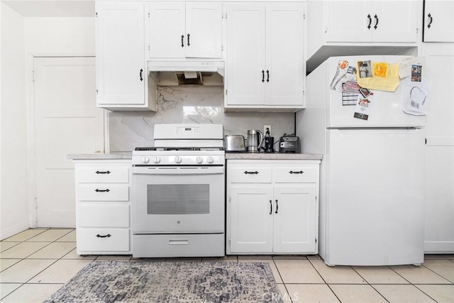 1335 W Burnett St, Long Beach, CA 90810 - kitchen featuring white appliances, extractor fan, light tile patterned floors, and backsplash