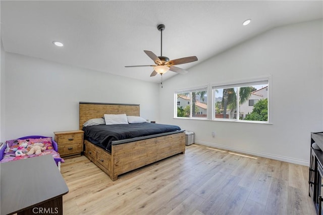 2578 Bryce Ct, Colton, CA 92324 - bedroom with vaulted ceiling, light wood-style flooring, recessed lighting, and ceiling fan