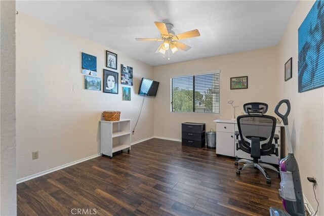 44125 Dusty Rd, Lancaster, CA 93536 - home office with dark wood-style floors and a ceiling fan