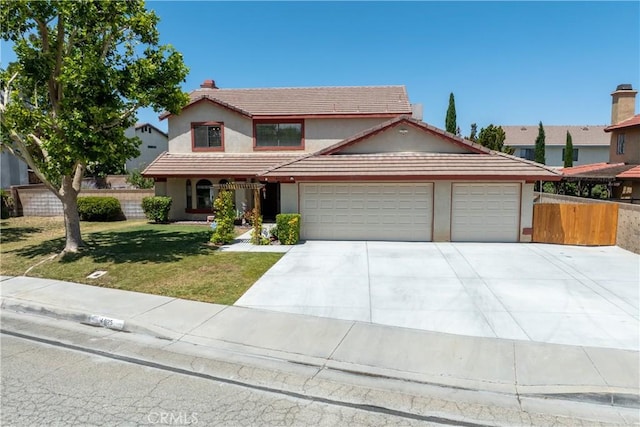 44125 Dusty Rd, Lancaster, CA 93536 - traditional home featuring a garage, driveway, stucco siding, and a tiled roof