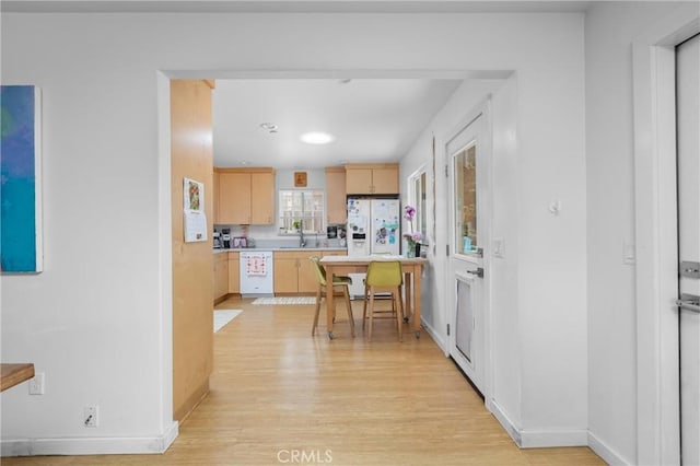 733 Lilac Dr, Los Osos, CA 93402 - kitchen with light brown cabinets, white appliances, light wood-style flooring, light countertops, and recessed lighting