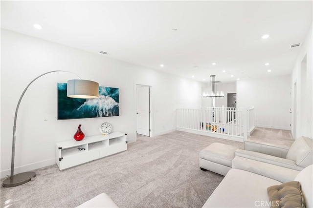 16526 Trailblazer Ave, Chino, CA 91708 - living room with light carpet, recessed lighting, and a chandelier