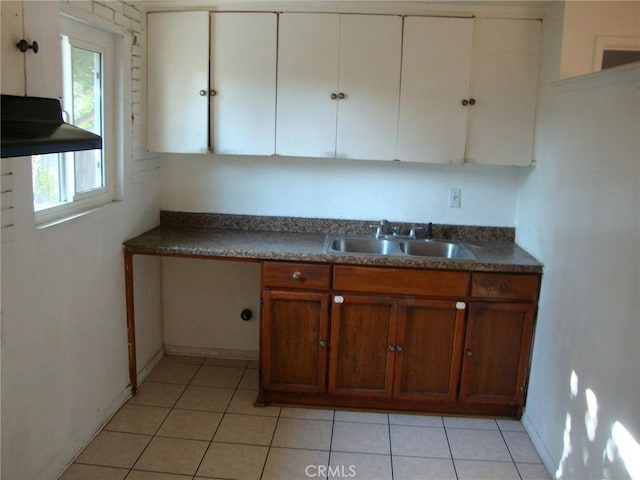 2100 W Dogwood Ave, Anaheim, CA 92801 - kitchen with brown cabinetry, light tile patterned flooring, and dark countertops